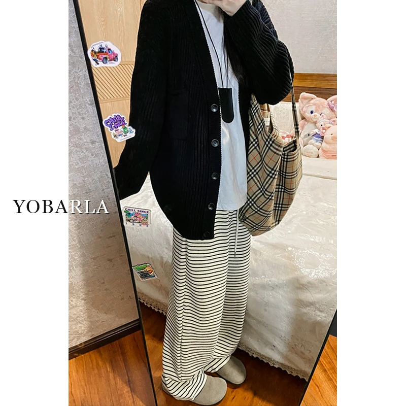条纹阔腿休闲裤女春夏新款胖mm宽松大码显瘦梨形身材垂感直筒裤子
