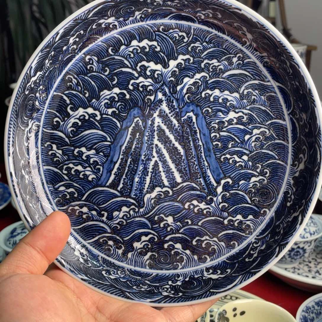 青花江崖海水壶承微瑕