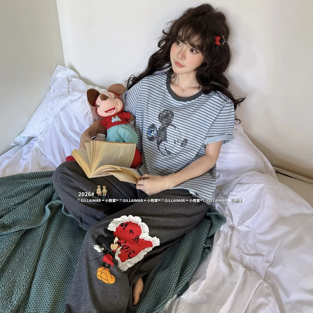 韩系米奇条纹短袖哈伦裤春夏薄款大码棉质睡衣家居服套装26115#