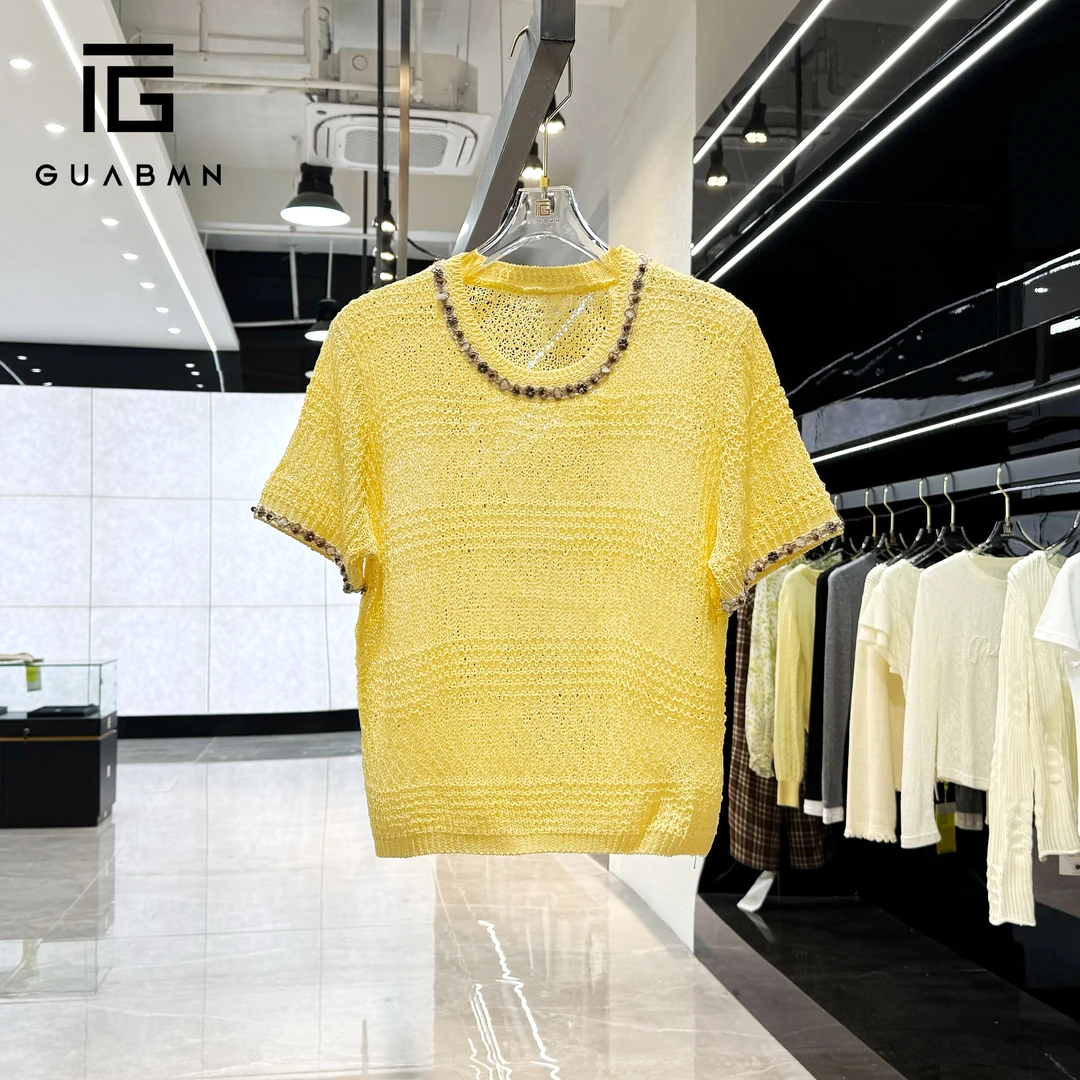 GUABMN2025夏季新款法式复古圆领钉珠短袖针织衫初夏穿搭5062
