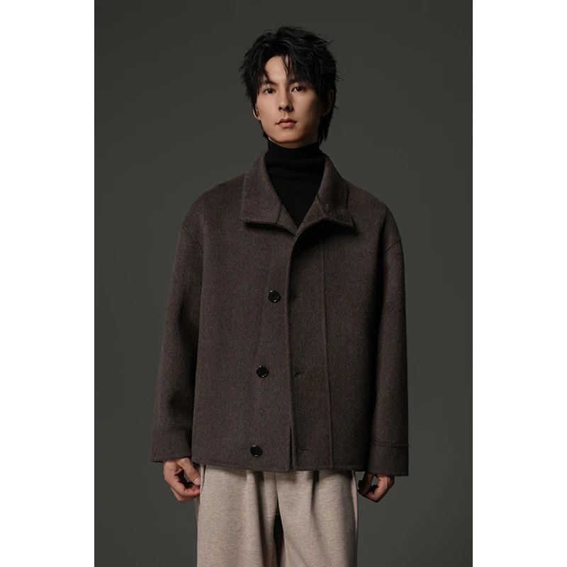 男士两用领短款商务休闲双面呢羊毛外套宽松上衣韩版翻领夹克GJ56