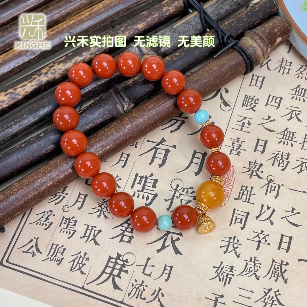 南红满色满肉蜜蜡手串9.5mm精品国风首饰E406