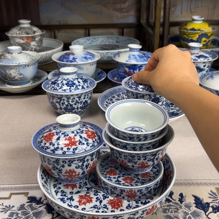 盖碗釉里红六件套元宝二才盖碗