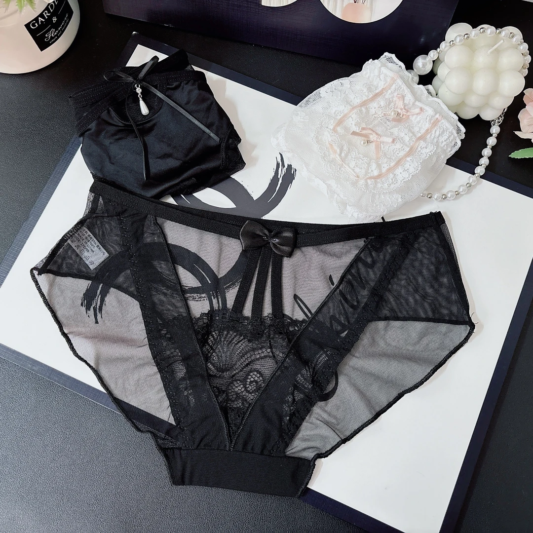 三条性夏季感网纱透气时尚女士内裤诱惑低腰黑色蕾丝三角裤薄款