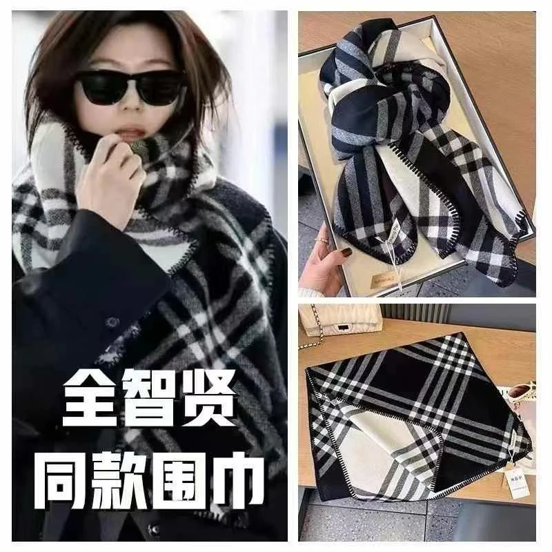 秋栗子欧货复古双面格子羊绒围巾披肩高品质