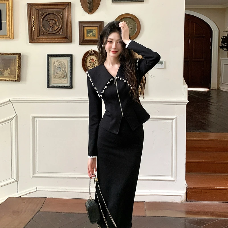 现货2025新款春秋季气质名媛套装高级感海军领珍珠上衣裙