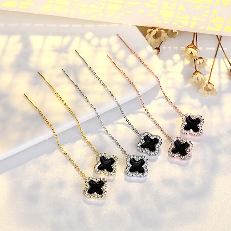 铜合金耳饰 简约小巧微镶黑色四叶草耳线气质轻奢感时尚百搭