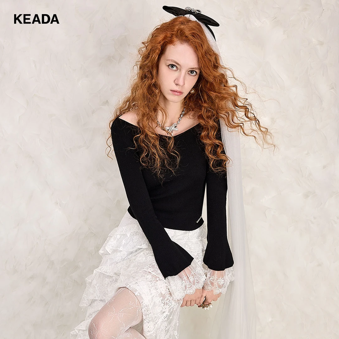 KEADA针织衫黑色针织衫女喇叭袖蕾丝上衣长袖毛衣KSN3SW1515