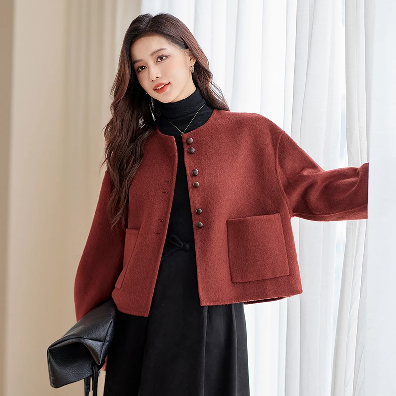 毛呢外套女外套气质圆领长袖单排扣大衣1C042-P220-K秋冬