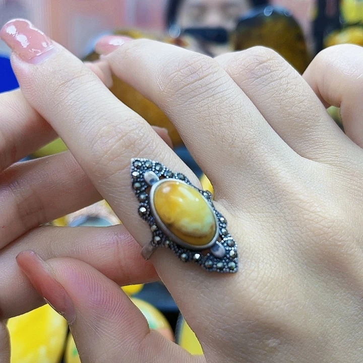 琥珀银S925镶嵌颈饰戒指