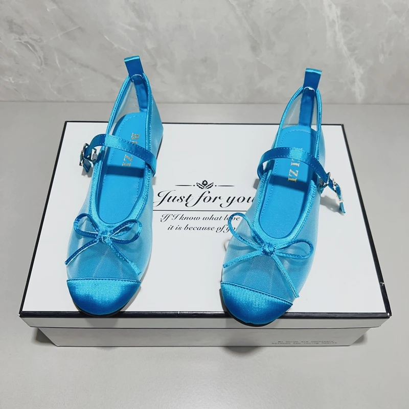 法式蝴蝶结圆头芭蕾舞单鞋小蓝鞋温柔风平底鞋子透气包头凉鞋女夏