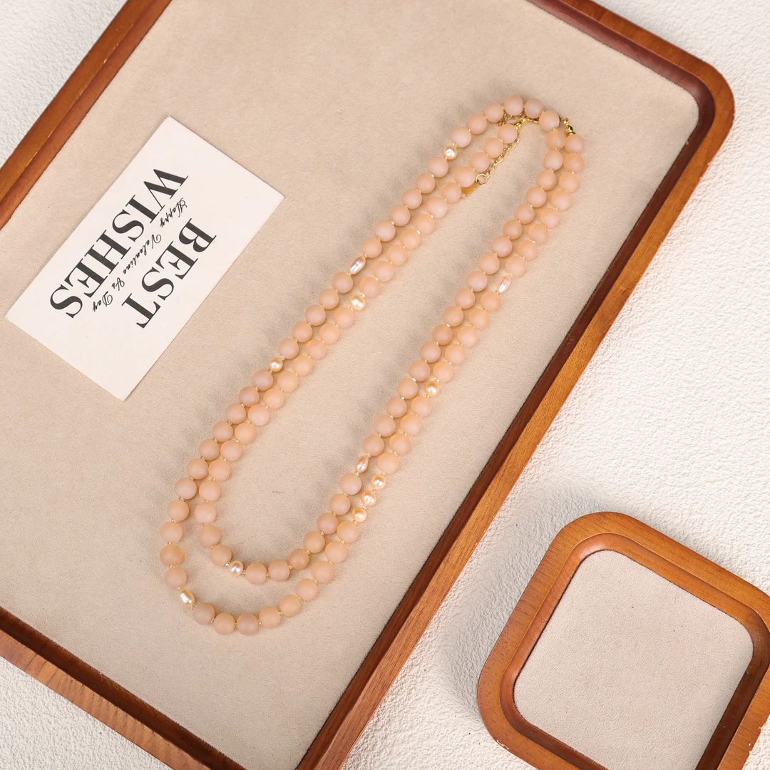 合金琉璃项链 LZ5147藕粉色磨砂珠粉色朱朱双层琉璃项链