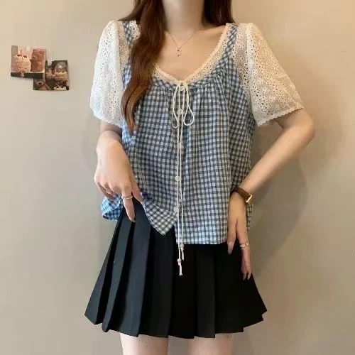 假两件蓝色格子短袖衬衫女2025夏大码胖mm遮肉小衫娃娃衫上衣时尚