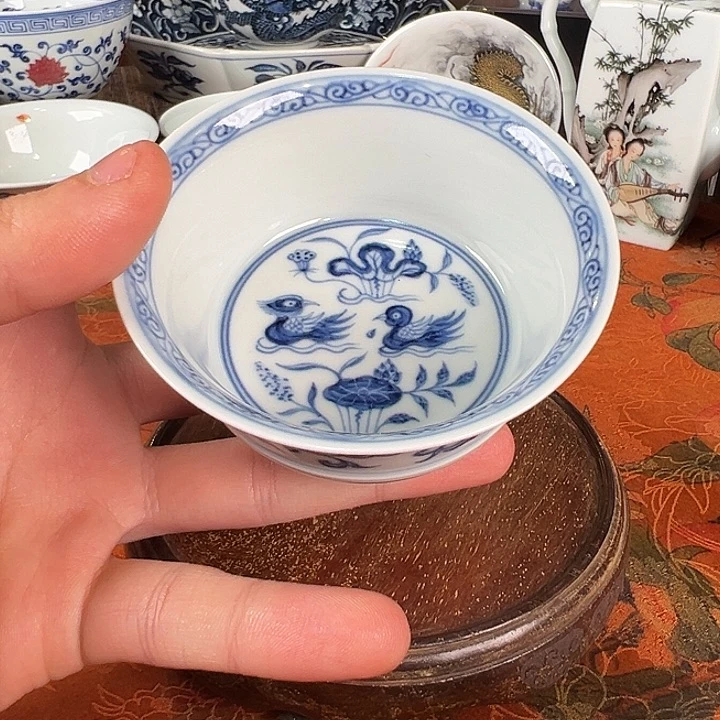 陶杯子元煦窑鸳鸯马蹄杯