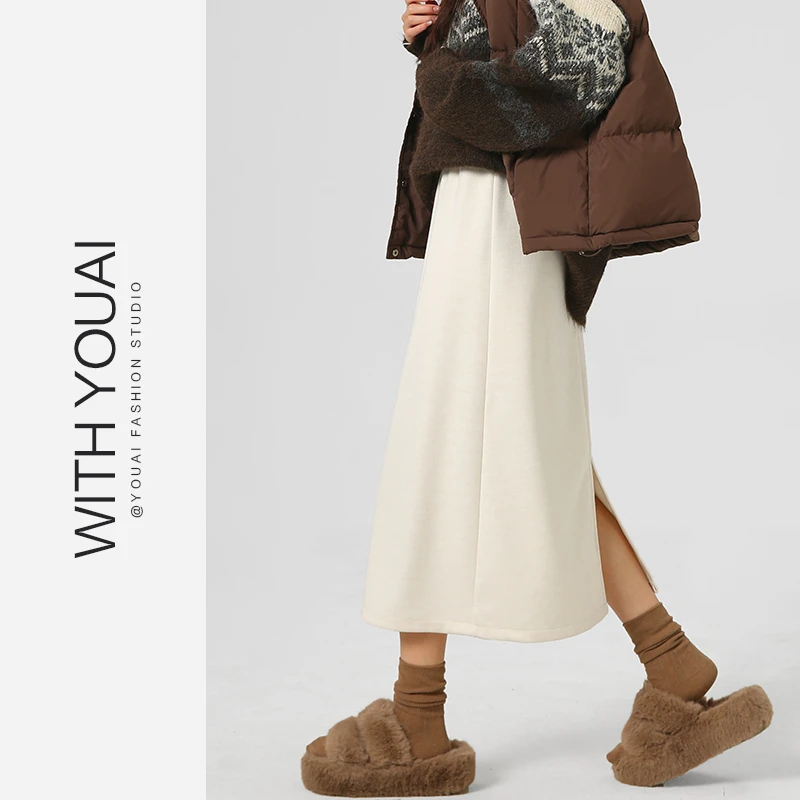 米白色羊毛半身裙女秋冬季2024新款高腰包臀后开叉中长款毛呢裙子