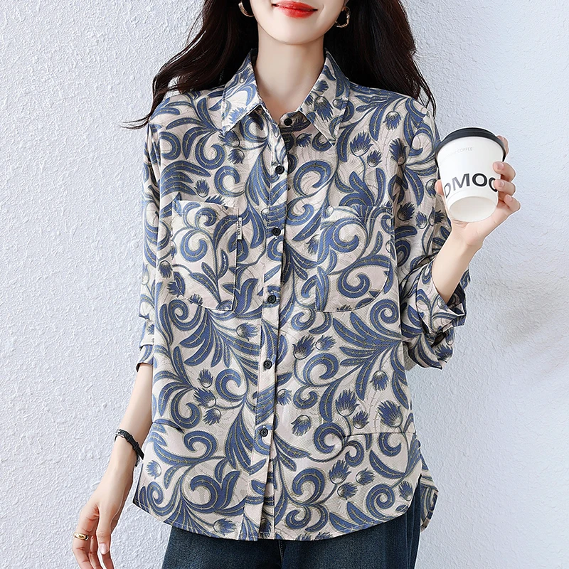 【女神新衣】2025秋季新款独特长袖上衣复古印花衬衫减龄洋气小衫