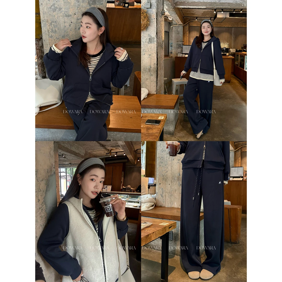 现货大婉酱微胖定制【蓝调十分】老钱风加绒连帽卫衣长裤套装 0338D
