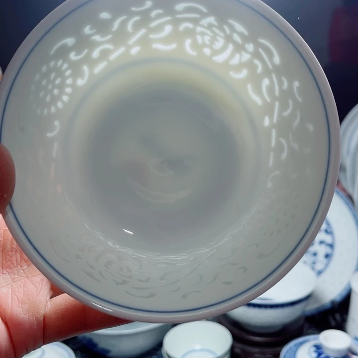青花玲珑5寸饭碗满雕双福双线