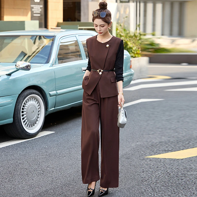 韩版时尚气质高级感设计马甲打底衫阔腿裤三件套套装女春季款爆款