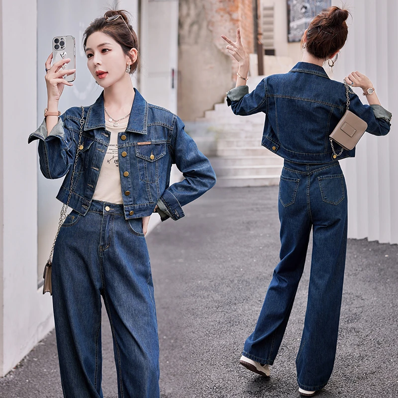复古港风牛仔套装女2025春季新款洋气减龄短外套工装阔腿裤两件套