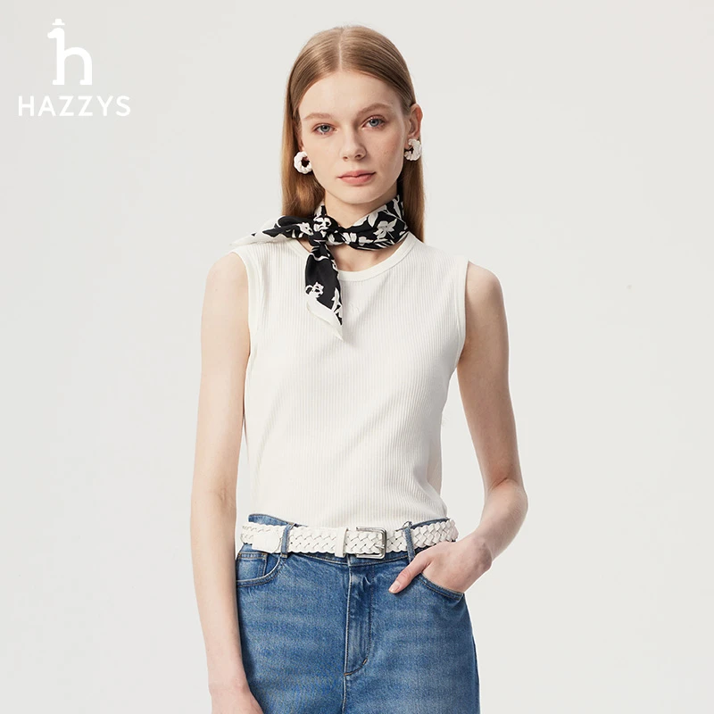 【商场同款】Hazzys哈吉斯夏季女士背心针织无袖白色时尚打底T恤衫