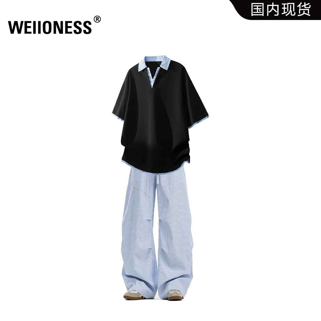 WEIIONESS假两件条纹短袖套装男款2025夏季宽松两件套慵懒风男装