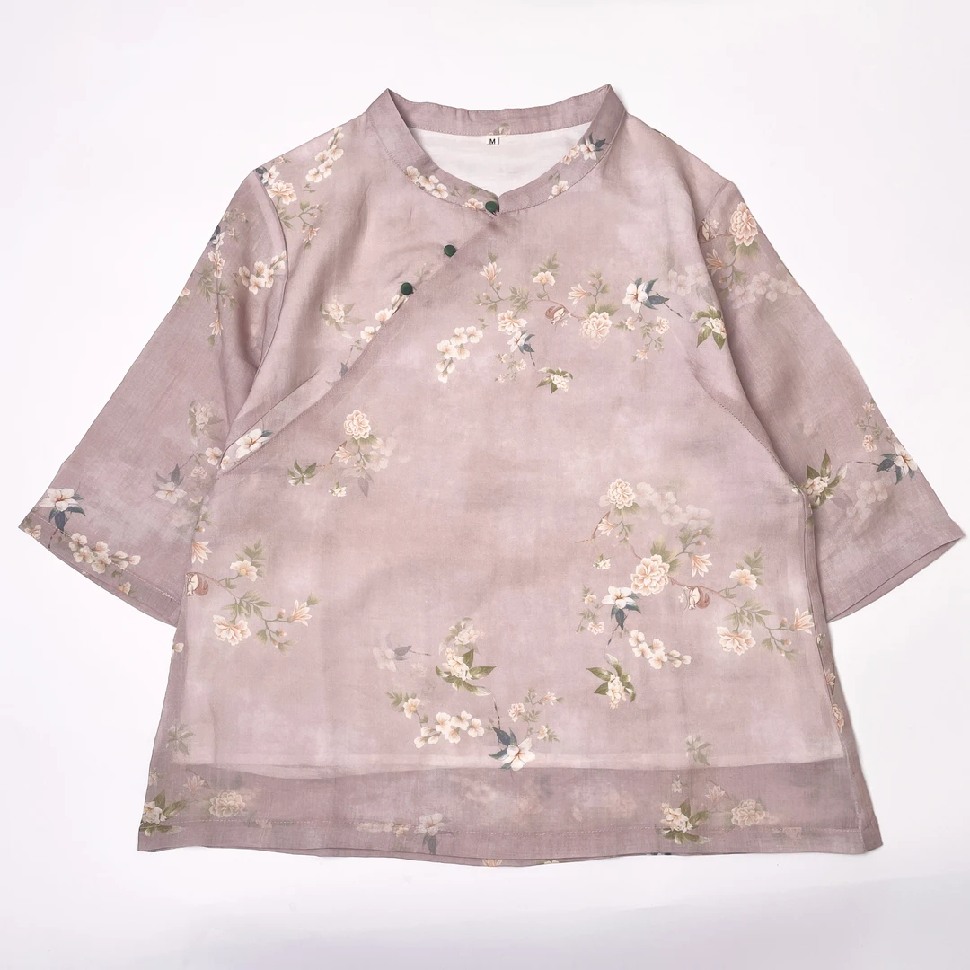 【麻布情结】苎麻斜襟中式茶服  浅粉花韵