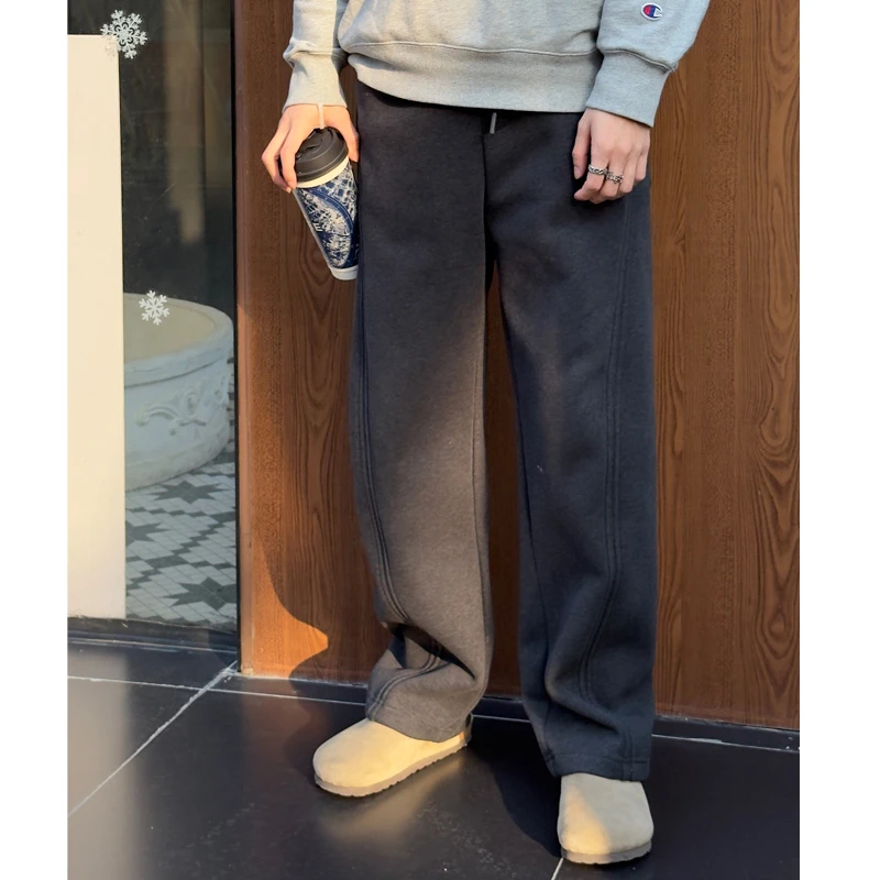 秋冬加绒加厚阔腿裤弯刀休闲裤抽绳卫裤百搭纯色宽松长裤直筒裤男