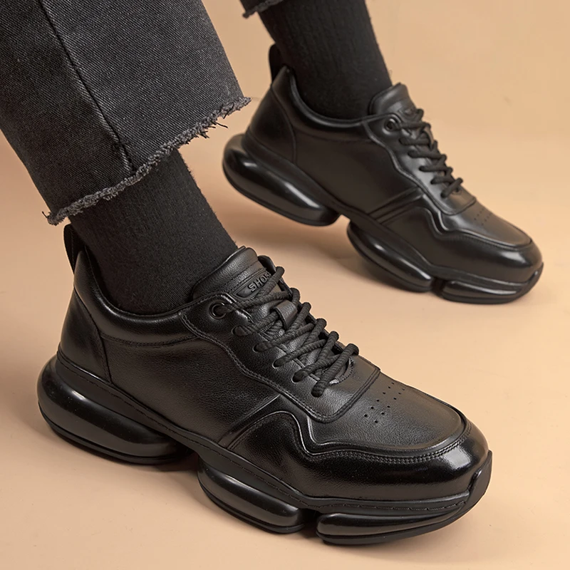 2025春秋男士真皮运动男鞋新款透气休闲潮流时尚百搭厚底跑步鞋