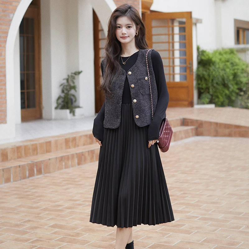 法式氛围感小香风马甲背心气质百褶连衣裙高级感套装女秋季新款