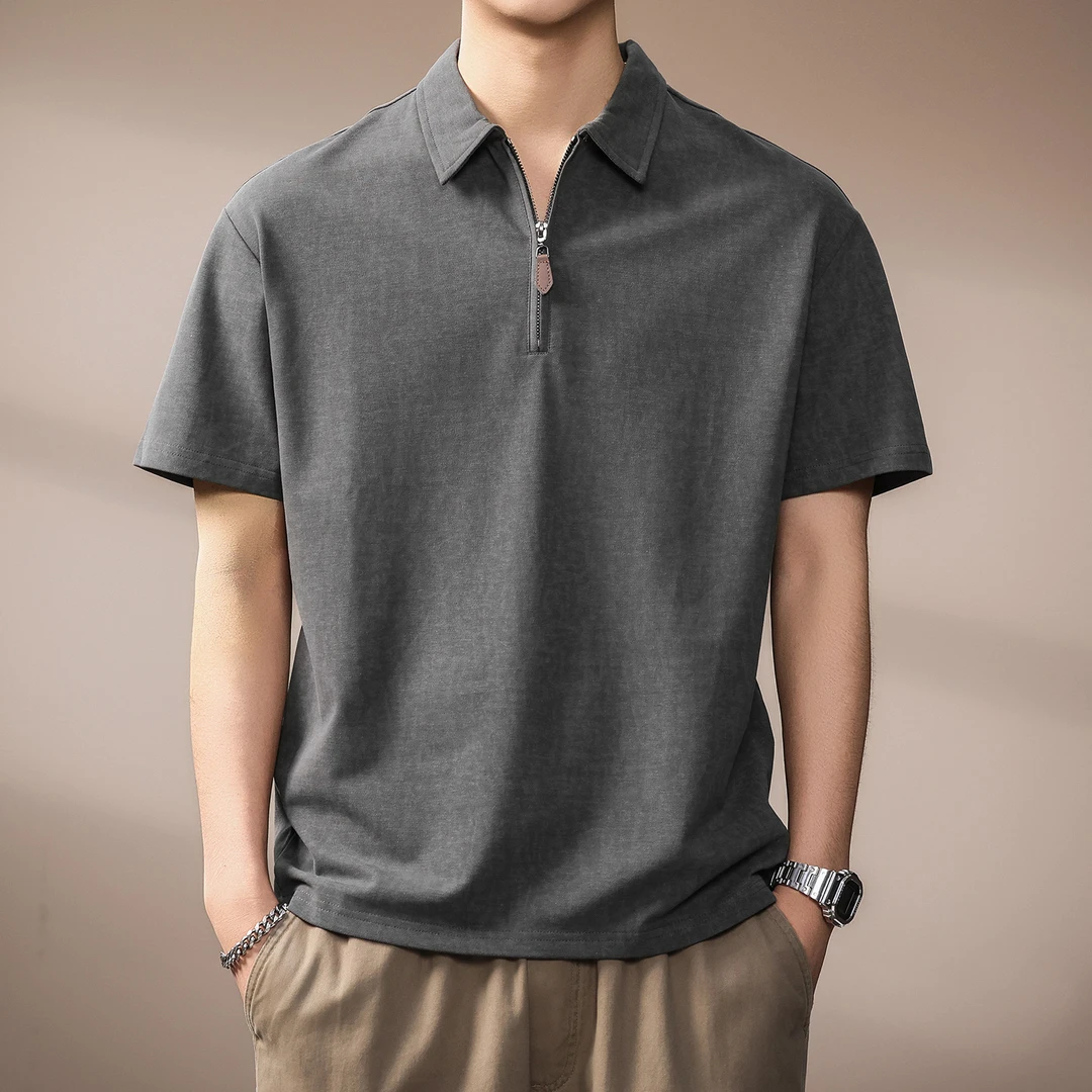 高端半拉炼炼休闲上衣短袖Polo衫男2025夏季新款纯色简约轻商务T