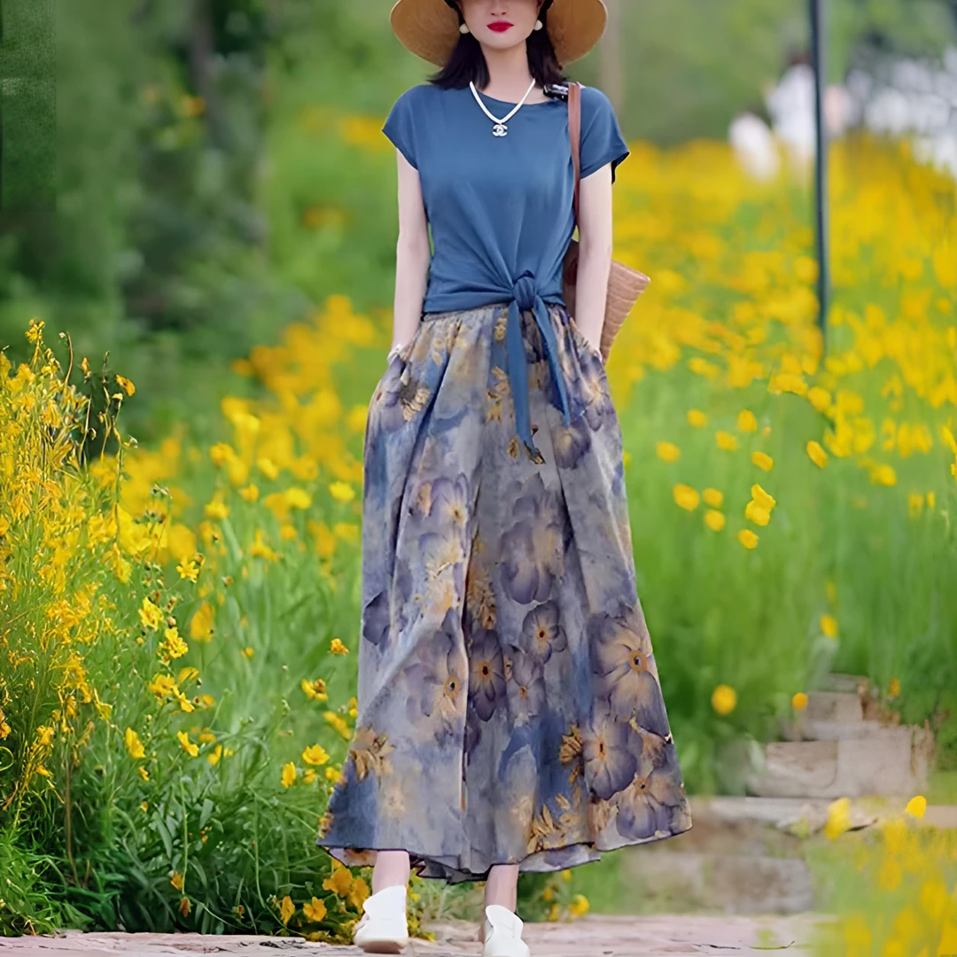 系带薄针织衫女短袖T恤时尚套装夏季高腰印花裙裤大摆九分阔腿裤