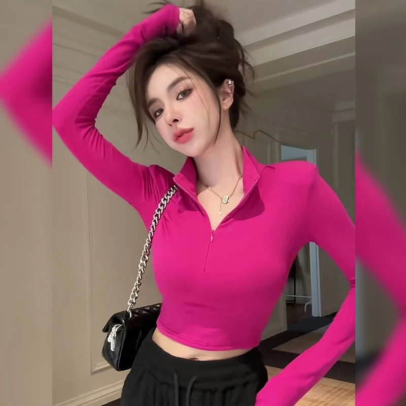 弹力紧身性感翻领长袖T恤女秋季辣妹收腰显瘦内搭打底衫修身上衣