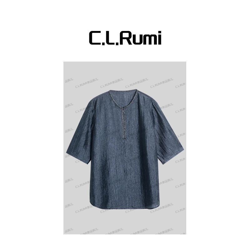 【Rumi时装】“琉璃”25夏醋酸百搭圆领宽松钉珠短袖上衣衬衫6936sy