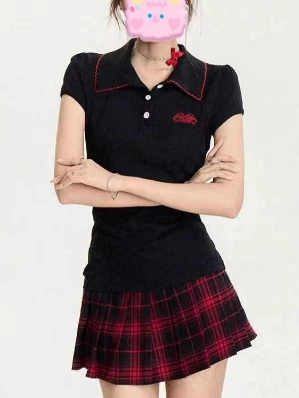 韩系氛围感正肩短袖t恤女夏季高级感小个子收腰慵懒chic短款上衣
