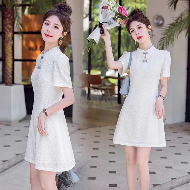 中式国风时尚旗袍连衣裙小众女装夏季新款纯色气质收腰显瘦短裙子