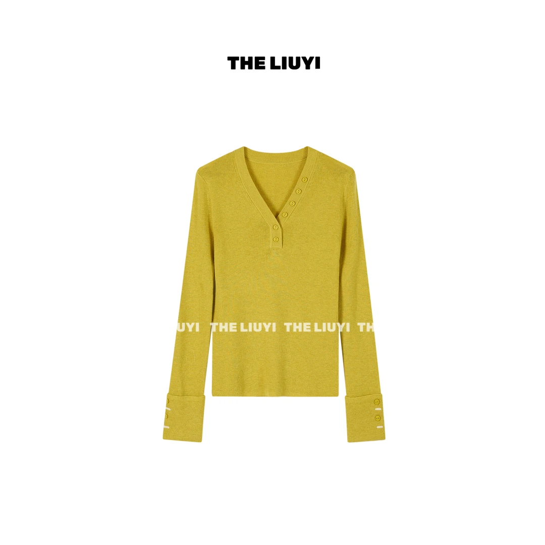 【LIUYI】设计感v领羊毛修身针织纽扣上衣512072