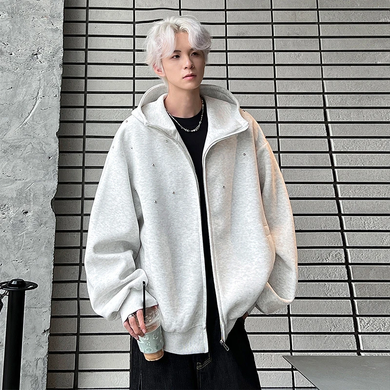 铆钉点缀连帽拉链开衫卫衣男秋季潮牌痞帅高级感宽松美式重磅外套