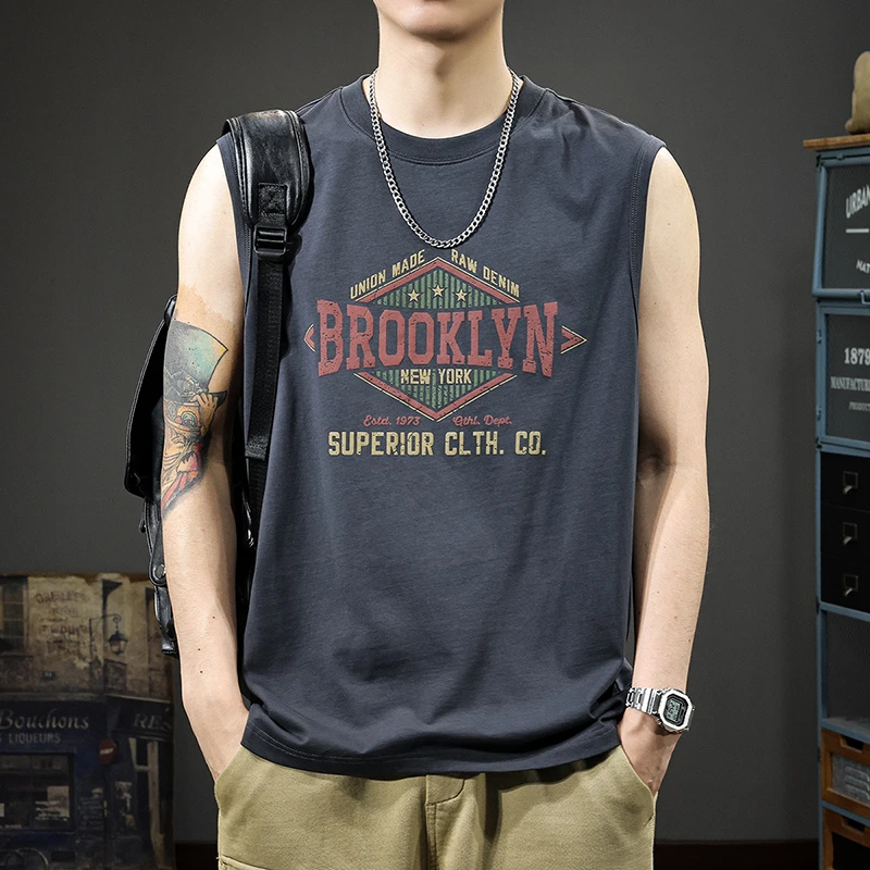 U&PURA夏季重磅印花男背心新款宽松休闲无袖运动T恤潮潮流时尚