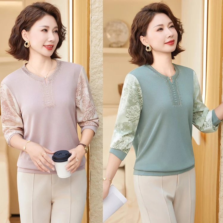 妈妈装圆领宽松打底小衫春秋新款长袖薄T恤中老年女50岁洋气上衣
