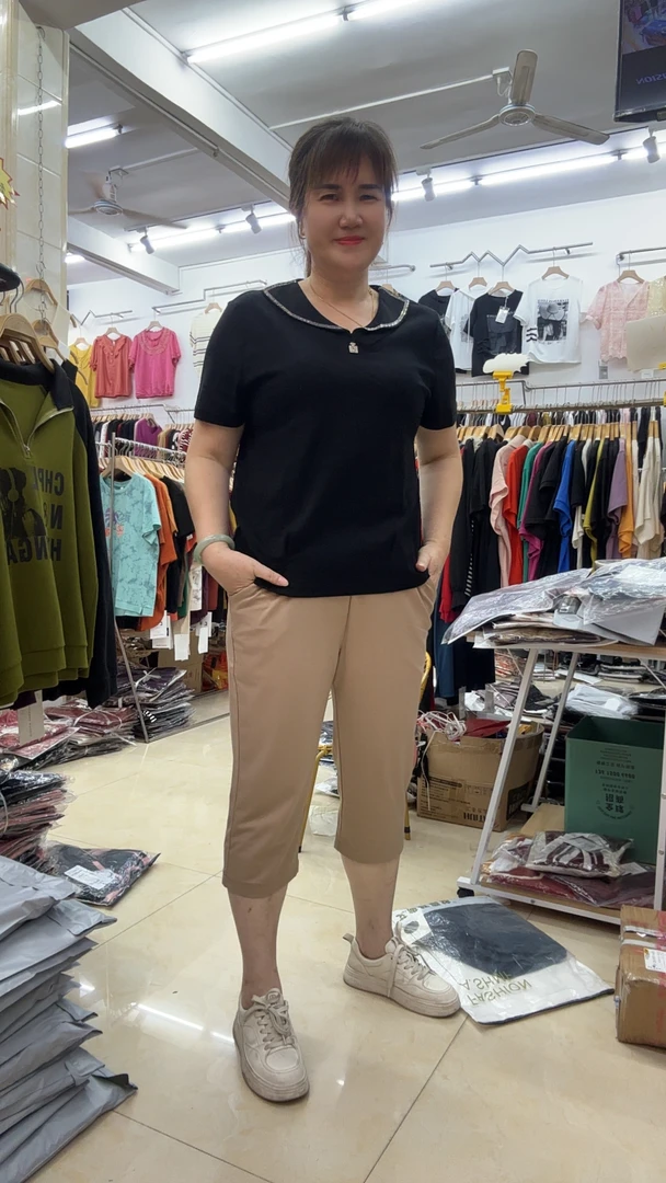 夏季时尚薄款纯色松紧腰显瘦百搭七分休闲女裤2583