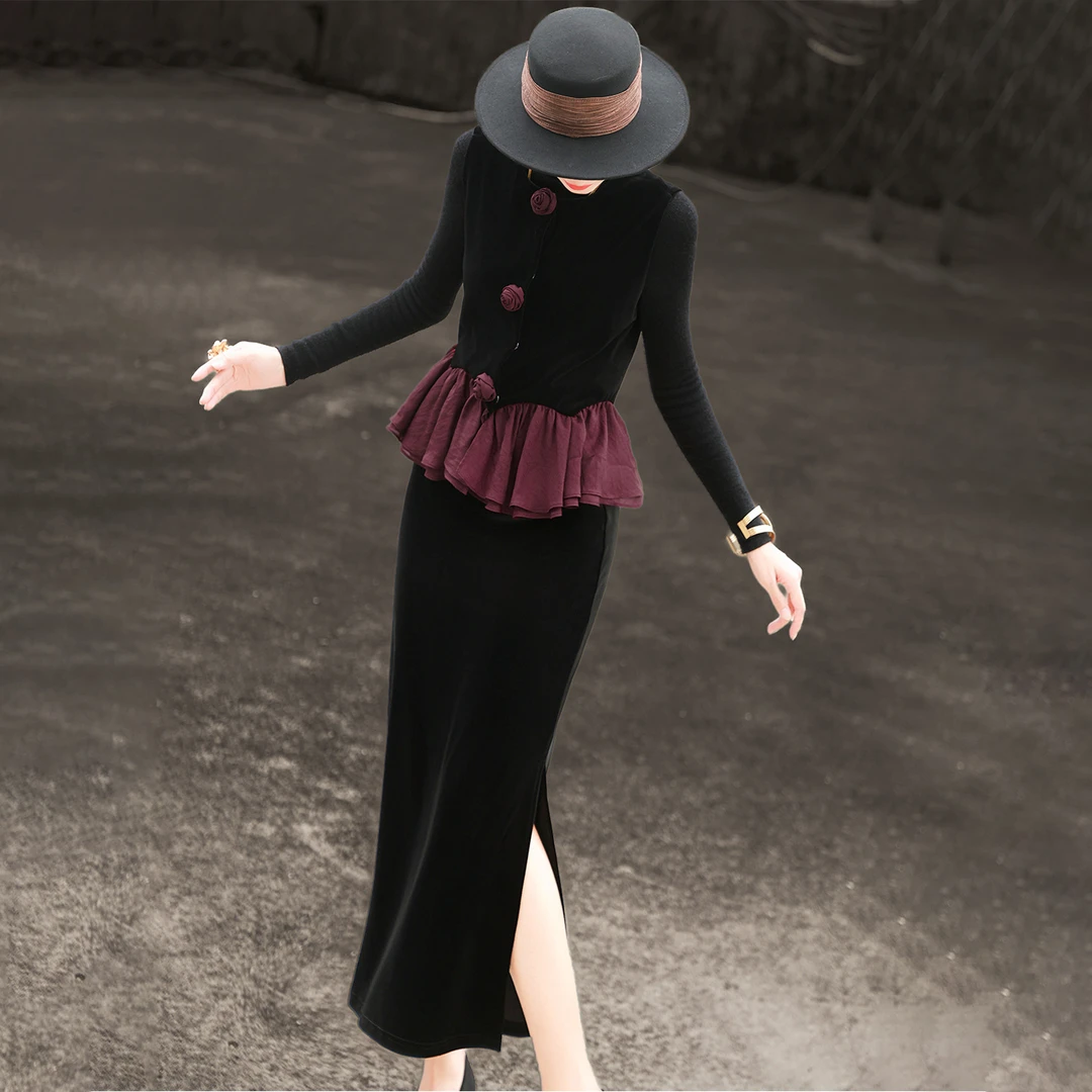 兰瑟儿秋季套装新款气质撞色荷叶边马甲半身裙丝绒套装105QO1025