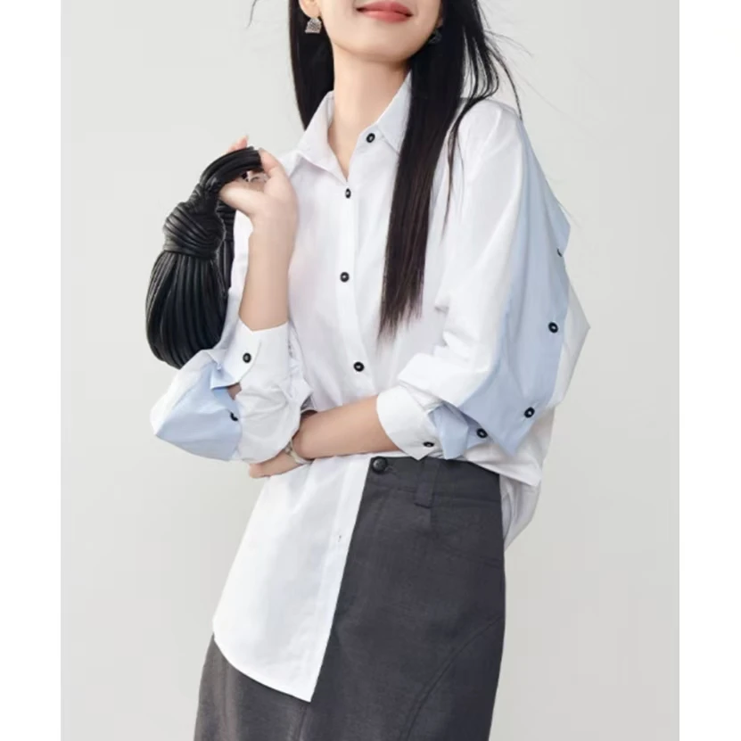 春季长袖设计感拼接衬衫文艺范棉质拼色休闲宽松上衣时尚百搭衬衣