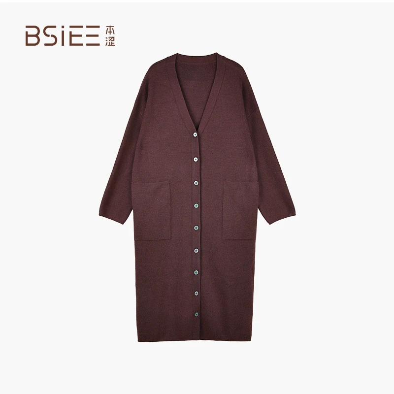 BSiEE本涩中长款大口袋长款毛衣开衫休闲时尚简约气质纯色百搭