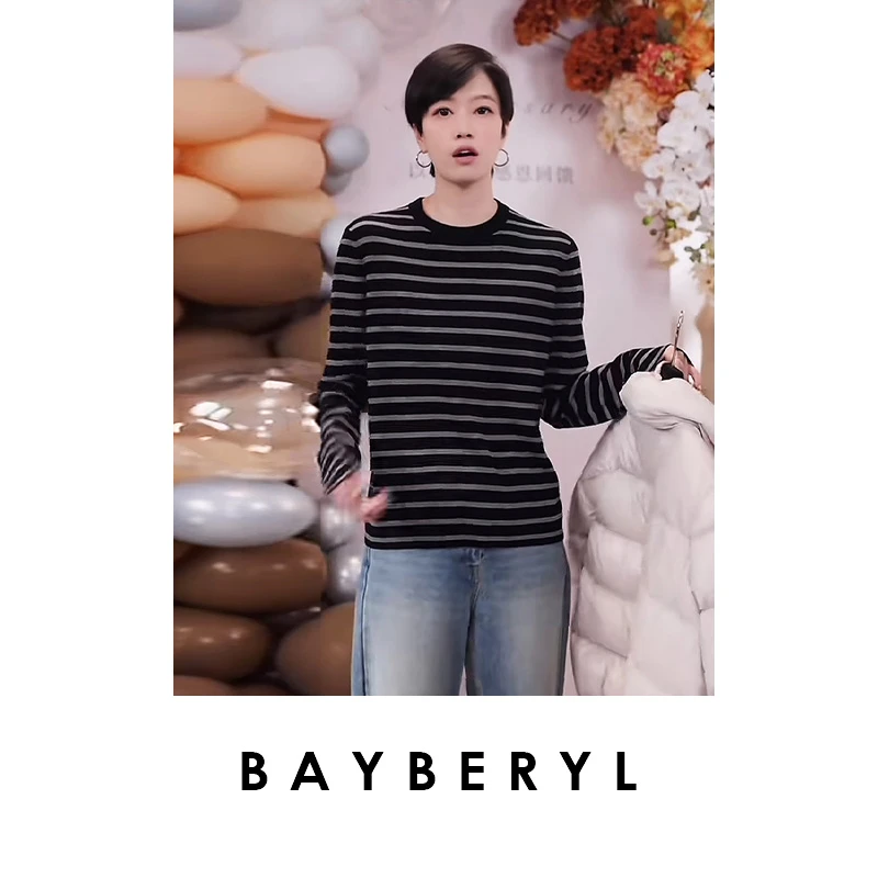 BAYBERYL老贝平行条纹圆领百搭长袖25秋羊毛针织衫ZZS5E2405-8/17