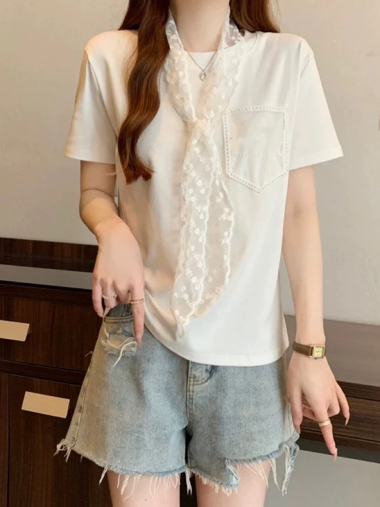 【806】小#口袋蕾丝圆领修身上衣