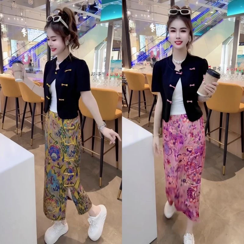 国风夏季套装2025新款中式时尚盘扣短袖显瘦上衣两件套半身裙