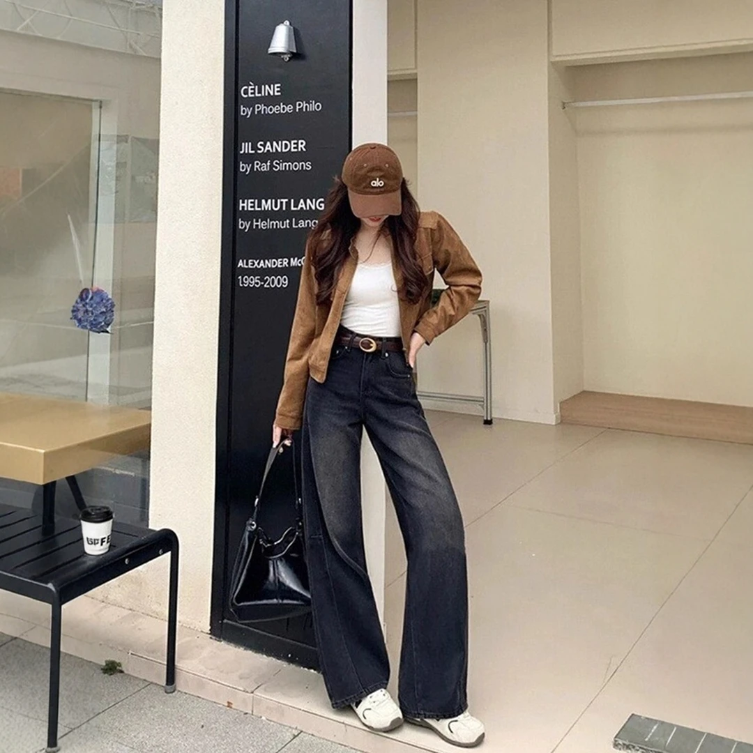 复古黑色直筒水洗牛仔裤女秋季新款大码胖mm梨形身材显瘦阔腿裤子