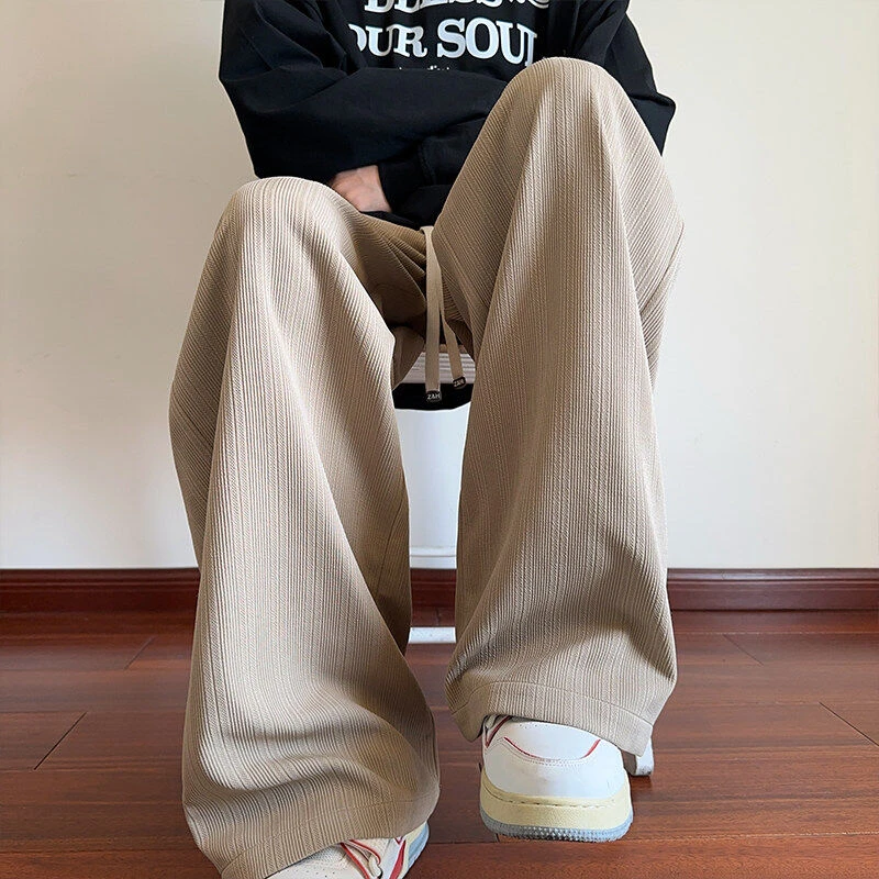 秋冬新款男士潮流纯色简约高街垂感提花百搭微阔宽松直筒休闲长裤