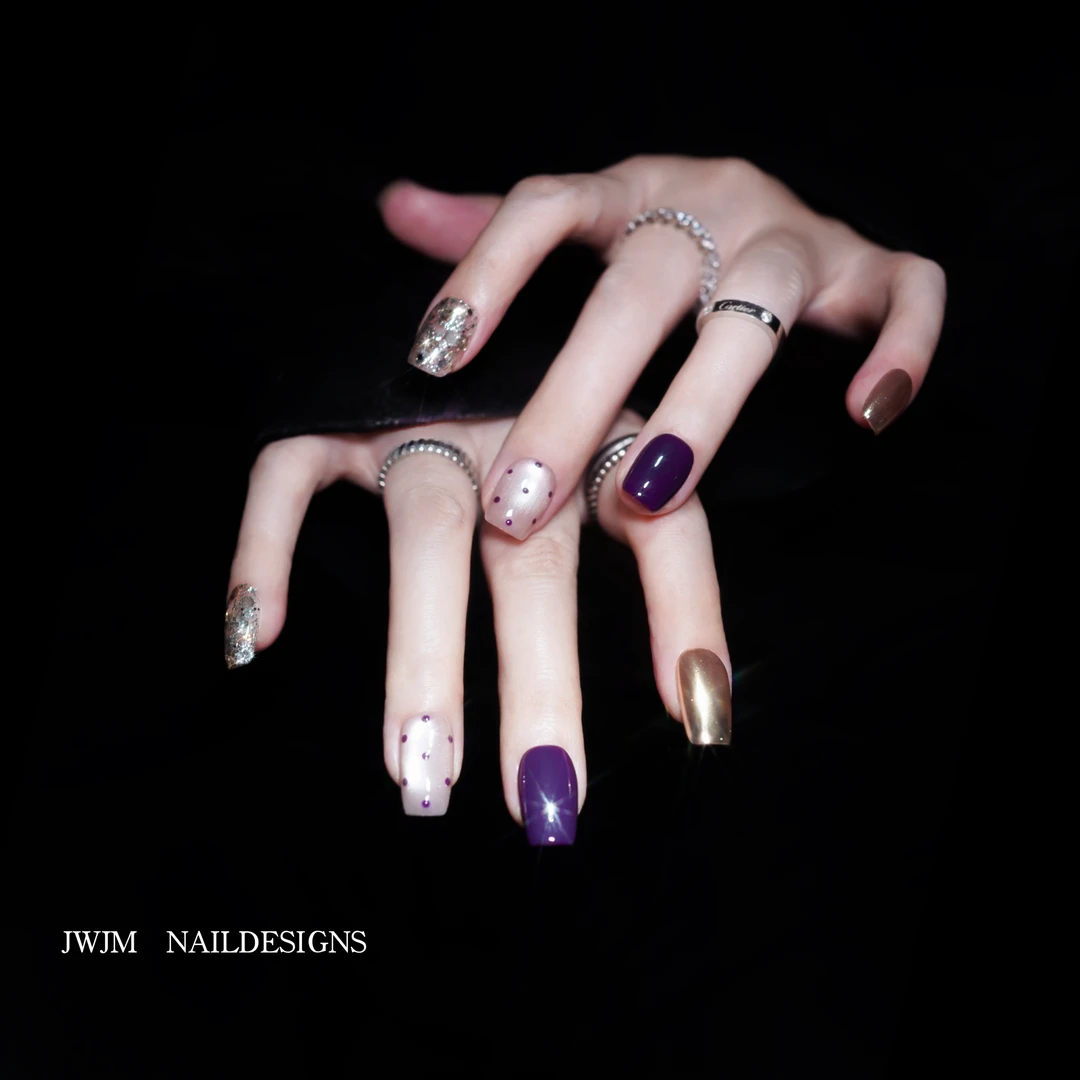 【LAILAI527号】JWJM设计手工穿戴甲紫色波点爆闪亮片高级显白10片